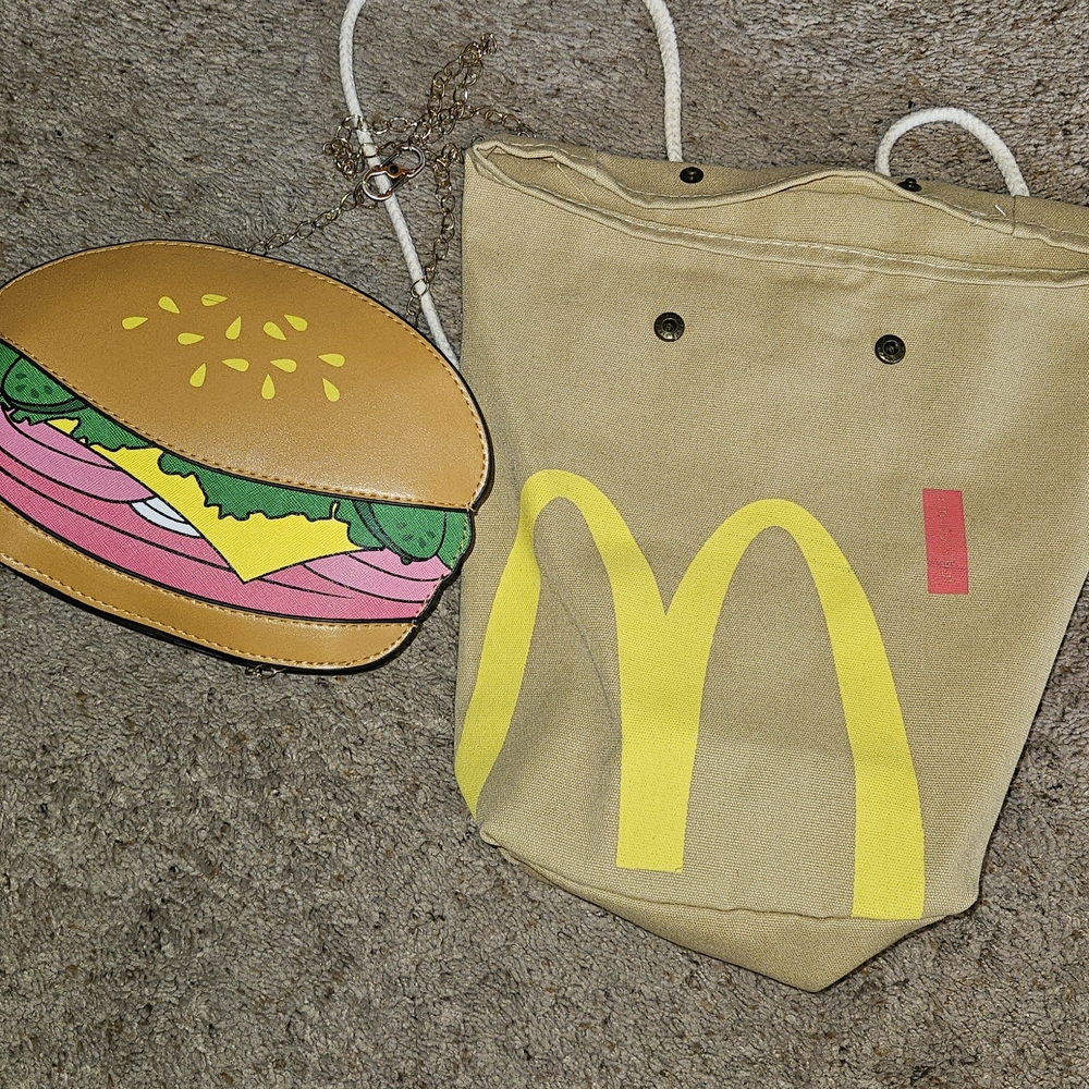 McDonald's Tan and Yellow Burger Purse with Drawstring Bag